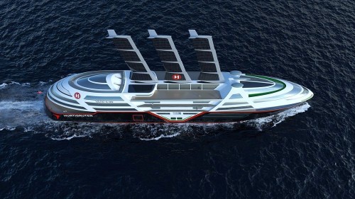 !Konsepttegning av Hurtigrutens freemtidige skip som utvikles i prosjektet SeaZero. (Foto: Vard Design /Hurtigruten)
